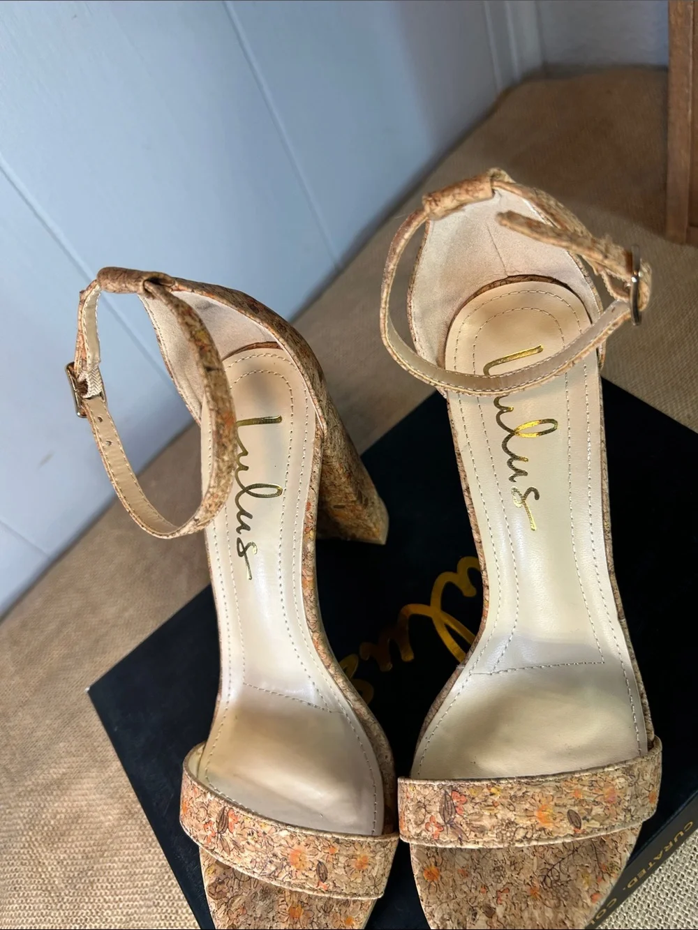 Lulu's Cork-Textured Ankle-Strap Block Heels - Tan Multi